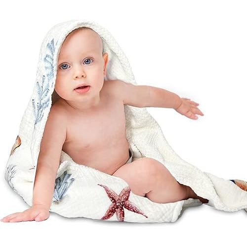 Organic Cotton Baby Bath Towel with Ultra Soft Muslin and Absorbent Flannel Lining Hooded Baby Towel, Breathable, and Perfect for Boys and Girls, (30x30 inches, Ocean Pattern)