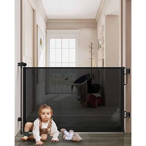Cumbor Retractable Baby Gates for Stairs, Extends up to 55" Wide Mesh Dog Gate for The House, 34" Tall Safety Child Gates for Doorways Hallways,Pet Gate Indoor & Outdoor,2 Set of Accessories, Black