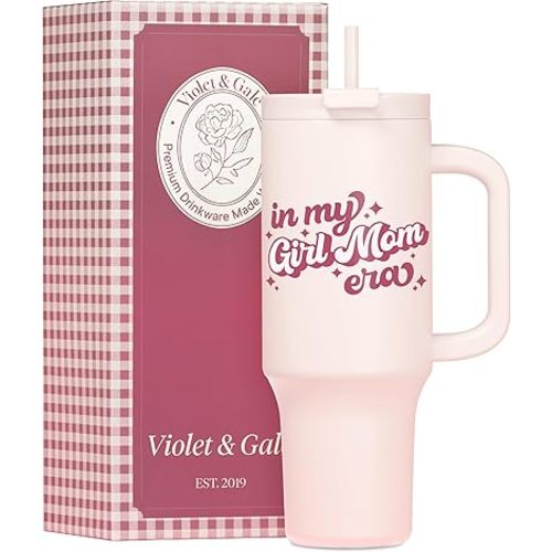 New Girl Mom Gifts, Postpartum Gifts For Moms - Retro Collection - 40oz Insulated Stainless Steel Tumbler with Handle for Mama to be, First Time Mom Present, In My Girl Mom Era Coffee Cup
