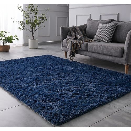 TABAYON Luxury Shag Area Rug, 3x5 Feet Navy Blue Rectangle Plush Fuzzy Rugs, Non-Slip Shaggy Furry Carpets for Kids Room Bedroom