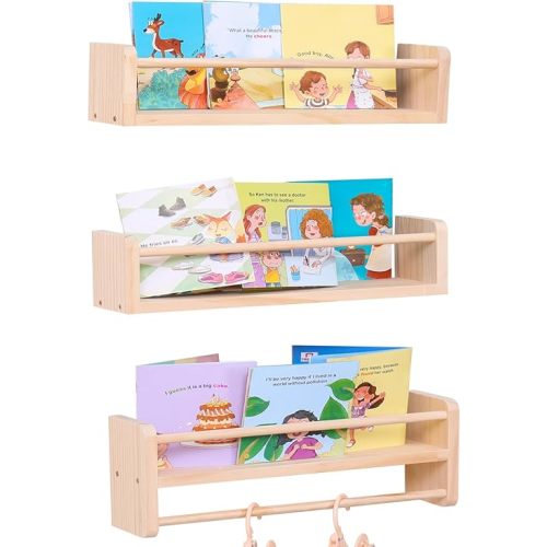 Nursery Book Shelves for Wall Set of 3, Natural Wood Bookshelves Wall Decor, Small Floating Nursery Shelf Organizer for Kids Room