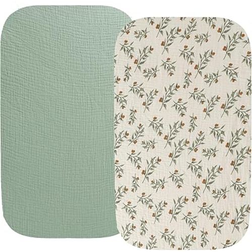 Muslin Bassinet Sheet Compatible with Arms Reach Co-Sleeper Bassinet, 2 Pack Cotton Stylish Boho Fitted Bassinet Sheets Super Soft for Baby Roman Green & Botanical Leaf