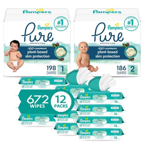 Pampers Pure Protection Diapers Starter Kit: Sizes 1 (198 count) & 2 (186 count) diapers + Aqua Pure Sensitive Wipes 12 Pack (672 count)