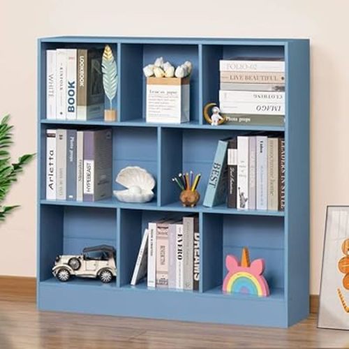 YAHARBO 3 Tier Bookshelf,Wide Kids Horizontal Bookcase,8 Cube Blue Book Shelf,Large Display Toy Storage Cabinet with Base,Floor Standing Modern Bookcases Organizer for Bedroom,Nursery,Playroom