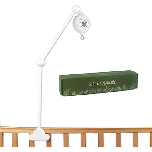 27 in White Wooden Crib Mobile arm 360° Adjustable Angle Baby Mobile arm,Mobile arm with Mobile Music Box Spinner-Volume Control 12 lullabies (Turn & Music,Turn only, Music only)