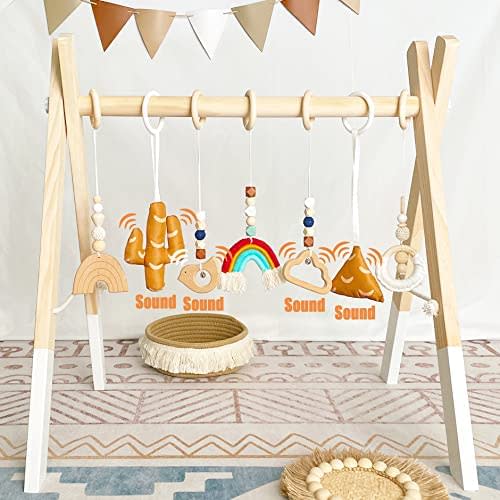 Wooden Baby Gym with 7 Infant Activity Toys, PgUp Foldable Baby Play Gym Frame Hanging Bar, Toddler Activity Center for Play & Learn, Wood Baby Gym Newborn Gift for Baby Girl and Boy