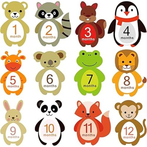 First Year Milestone Monthly Stickers, Qyeaber Newborn Baby 1-12 Months Photo Props Baby Belly Stickers, Baby Shower Registry Gift Scrapbook Album Photo Memory Keepsake for Baby Boy Girl (Animal)