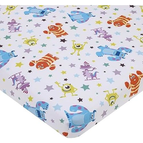 Disney Monsters Inc. Blue, Green, Orange and White, Sully and Mike Super Soft Nursery Fitted Mini Crib Sheet