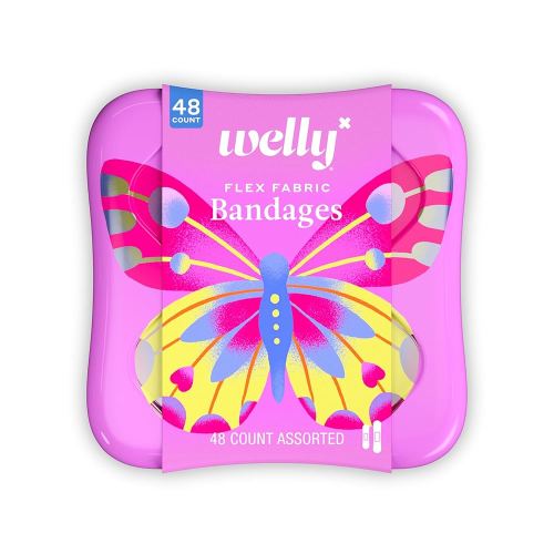 Welly Bandages | Adhesive Flexible Fabric Bravery Badges | Assorted Shapes for Minor Cuts, Scrapes, and Wounds | Colorful and Fun First Aid Tin | Butterfly Patterns - 48 Count
