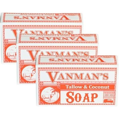 VanMan Beef Tallow and Coconut Oil Bar Soap – Pure Grass-Fed Beef Tallow Soap with Coconut Oil & Kaolin Clay, Subtle Grapefruit Scent, Hydrating & Nourishing, Clean Ingredients, 3.8oz - 3 Pack
