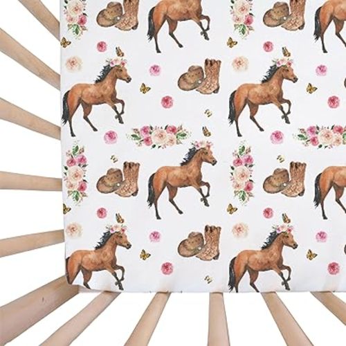 Baby Girls Standard Crib Sheet Pink Horse Floral, Western Cowgirl Boot Hat Rose Flower Butterfly Snug Fitted Mattress Cover, Soft Stretchy Breathable Nursery Kid Toddler Bed Decor Gift 52 x 28