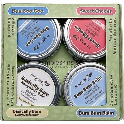 Dimpleskins Baby Gift Set All-Natural (4 tins of 30 grams) | Bum Bum Balm | Everywhere Balm | Cheeks Moisturizer | Boo Boo Goo | Baby Essentials for Diaper Bag | Soothe Skin with Calendula and Beeswax