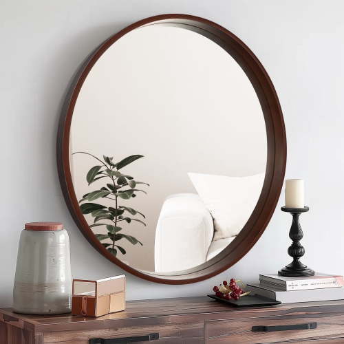 WallBeyond 24 inch Modern Walnut Wood Frame Round Vanity Mirror for Bathroom and Home Decor
