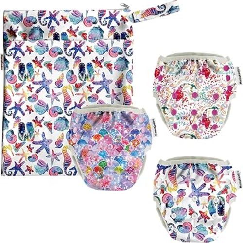 Mama Koala Reusable Swim Diapers with Wet Bag,Baby Girls Adjustable Washable Swim Diapers, Size S (8-20 lbs), 3 Pack-My Cute Mermaid (S)