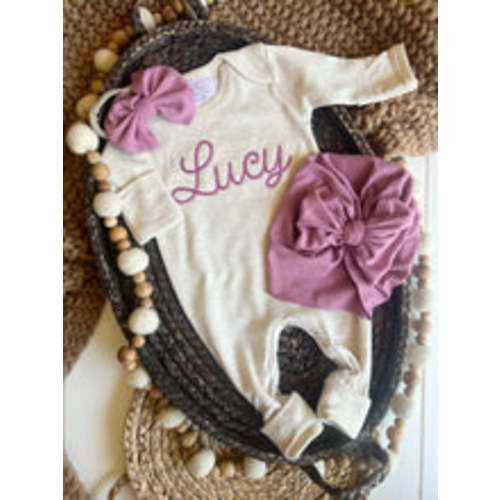 Personalized Baby Girl Outfit | Oatmeal Beige Romper Ellison Purple Ch – Wonderfully Made