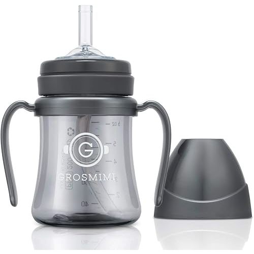 GROSMIMI Spill Proof no Spill Magic Sippy Cup with Straw with Handle - Charcoal