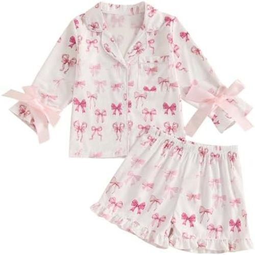 Kuriozud Toddler Girl Satin Pajamas Set Summer Short Sleeve Button Down Shirt Top and Shorts 2pcs Pjs Sets Sleepwear
