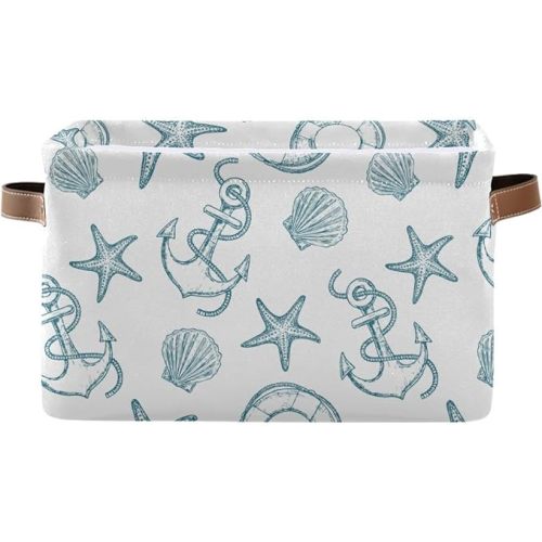 Coastal Anchor Nautical Theme Storage Basket Fabric Laundry Baskets Starfish Summer Beach Storage Boxes Organizer Bag for Baby Cloth Dog Toy Book Storage Cubes Shelf Closet Bins 16x12x8 Inches