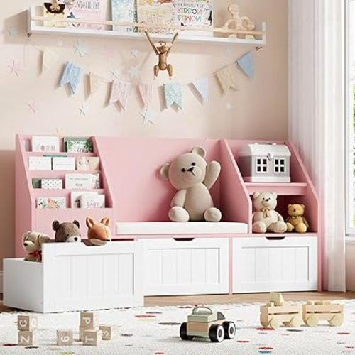 FOTOSOK 55.1’’ Kids Bookshelf with Reading Nook, Toy Storage Organizer with Seat Cushion and 3 Movable Drawers, Kids Reading Nook Toy Organizers and Storage with Bench for Playroom, Bedroom, Pink