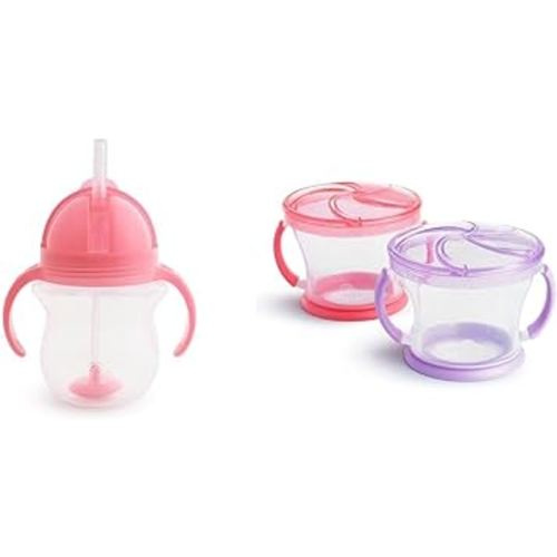 Munchkin® Any Angle™ Weighted Straw Trainer Cup with Click Lock™ Lid, 7 Ounce, Pink & ® Snack Catcher® Toddler Snack Cups, 2 Pack, Pink/Purple