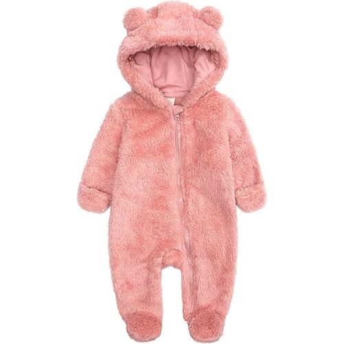 Baby Fleece Snowsuit Jumpsuit Winter Warm Hooded Romper with Bear Ears Coat Outwear Clothes for Infant Girls Boys 0-12Months