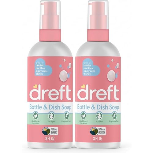 Dreft Bottle and Dish Soap | Made to Clean Baby Bottles, Sippy Cups, Pacifiers, Breast Pumps, & More | Gently Removes Milk Film & Odors | Plant Based, Fragrance Free Dish Soap | 3 Fl Oz (Pack of 2)