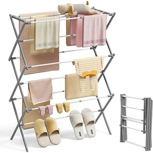KINGBOARD Clothes Drying Rack, Collapsible Drying Rack Clothing with 11 Poles, 3-Tier Laundry Drying Rack, Small Clothes Drying Rack Foldable for Baby Clothes Sock Towel, 25lb Capacity, White & Grey