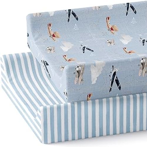Changing Pad Cover 2-Pack (Watercolor Airplanes and Clouds) - Premium Fitted Sheets - Buttery Soft Cotton Blend