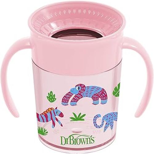 Dr. Brown's Milestones Cheers 360 Cup Spoutless Transition Cup with Handles for Easy Grip and Leak-Free Learning, Pink Safari, 7 oz/200 mL