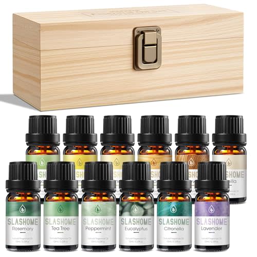 slashome 12 Pack Water Soluble Essential Oils Set for Diffusers for Home | Scented Oil with Wooden Gift Box for Women - Lavender, Peppermint, Sweet Orange, Tea Tree & More