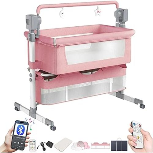 Electric Bluetooth Smart Baby Bedside Crib, Bassinet for Co-Sleeping, Infant Bedside Sleeper Cot, Foldable Baby Bassinet Crib with Remote Control, Music and 5 Swaying Gears (601 Pink)
