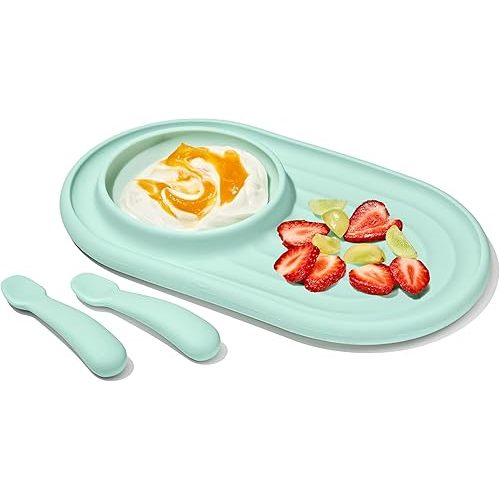 OXO Tot Textured Suction Plate & Spoons Set – 3-Piece – Opal