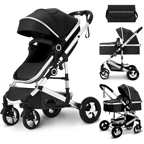 Kinder King 2 in 1 Convertible Baby Stroller, Folding High Landscape Infant Carriage, Newborn Reversible Bassinet Pram, Adjustable Canopy, Diaper Bag, Anti-Shock Toddler Pushchair Stroller, Black
