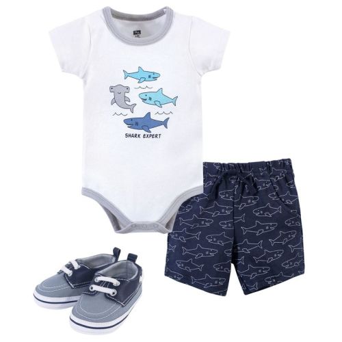 Hudson Baby Infant Boy Cotton Bodysuit, Shorts and Shoe 3pc Set, Shark Expert