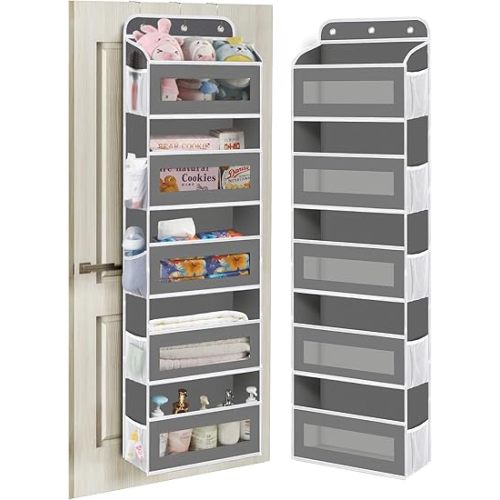 Over The Door Organizer Storage, 5 Shelves Door Organizer Hanging with 10 Mesh Pockets, Back of Door Organizer - Ideal for Newborn, Nursery, and Baby Essentials Daily Use(Dark Gray)