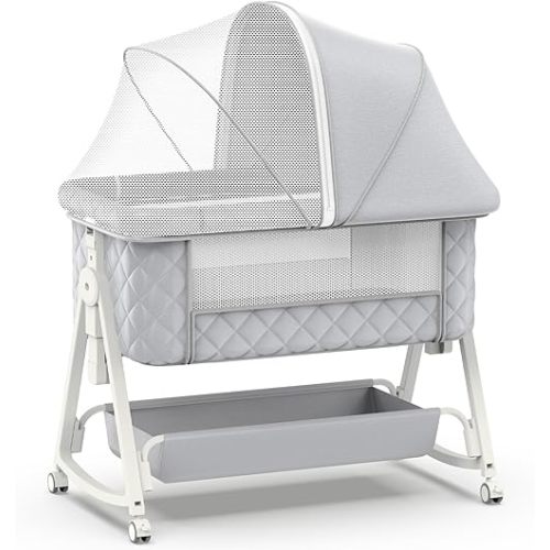 Baby Bassinet,3 in 1 Bassinet Bedside Sleeper, 6-Level Height Adjustment,Safe and Stable Portable Crib.Breathable net, Storage Basket, Mosquito net.Baby Crib for Newborn