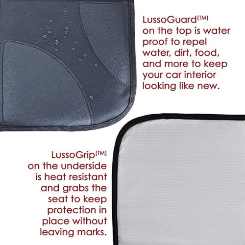 Lusso Gear Car Seat Protector for Baby Car Seat - Thick Padding, 2 Mesh Storage Pockets, Waterproof, Protects Fabric or Leather Seats, Non-Slip Padded Backing (Black with Red Stitching)