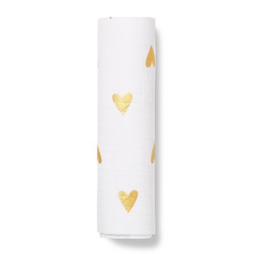 Muslin Swaddle Blanket Gold Foil Hearts - Cloud Island™ White/Gold