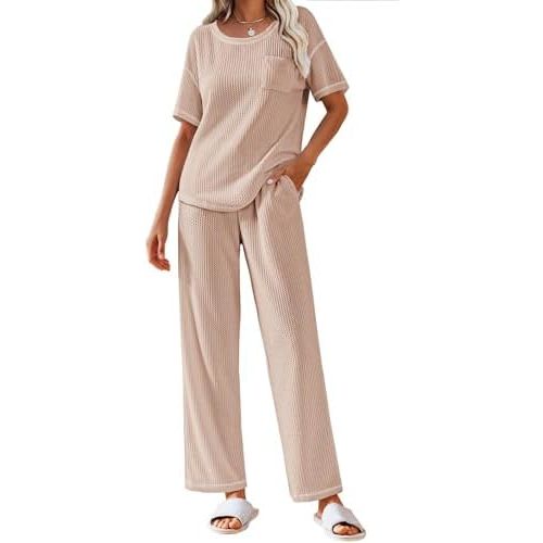 Ekouaer Women Waffle Knit Lounge Sets Short Sleeve Top and Long Pant Pajama Set Loungewear 2 Piece Pjs Set with Pockets