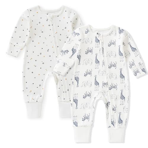 Organic Cotton Baby Footies, 0-24 Months Soft One Piece Footies, Zipper Cotton Bodysuit Long-Sleeve Onesie 2-Pack