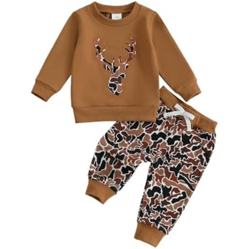Toddler Baby Boy Hunting Clothes Reindeer Embroidery Long Sleeve Sweatshirt Jungle Camo Pants Set Fall Winter Outfit