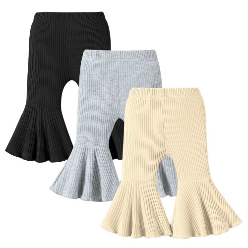 DREAM BUS 3 Pack Baby Girl Pants Toddler Leggings Solid Ribbed Cotton Baby Girls Flare Pants Toddler Bell Bottoms
