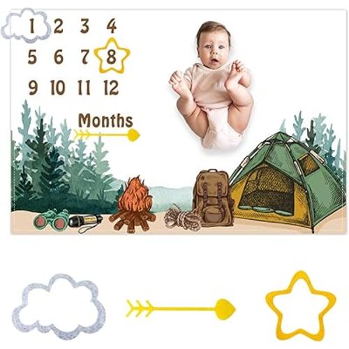CSFOTO Woodland Baby Monthly Milestone Blanket Forest Tent Camping Adventure Theme Photography Background Prop Newborn Baby Boy Growth Record Prop Blanket, 60"x40" with Frame