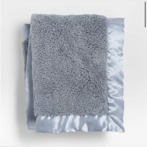 Blue-Grey Satin Trim Plush Baby Stroller Blanket