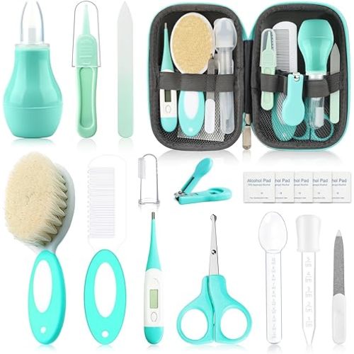 Baby Healthcare and Grooming Kit with Nail Clippers, Scissors, Infant Grooming Kit for Newborns (18 in 1, Green)