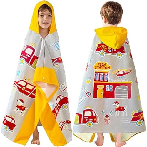 VOOVA & MOVAS Kids Bath Towels for Boys, Ages 3-10, 30''X50, | Soft Thick Absorbent Cotton, Beach | Pool | Bath Hooded Towels, Yellow Fire Truck