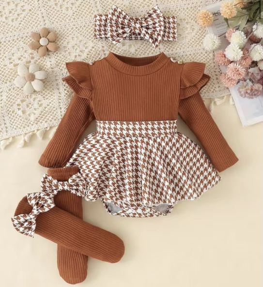 1pc Baby Girl Cute Long Sleeve Patchwork Ribbed Dress With Leg Warmers And Headband, Thin For Spring And Autumn | SHEIN USA