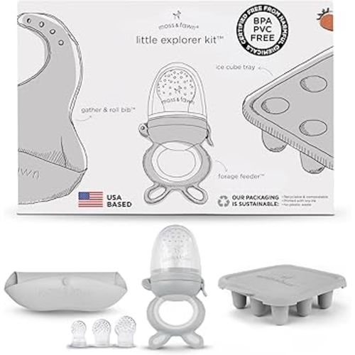 Moss and Fawn Little Explorer Kit - Silicone Frozen Breast Milk Popsicle Kit with Forage Feeder, Teething Popsicle Ice Cube Tray, & Gather & Roll Baby Feeding Bib - BPA, PVC, & Lead-Free - Dew