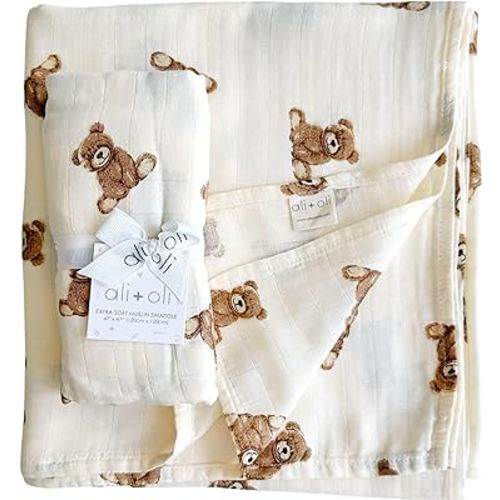 Ali+Oli Muslin Swaddle Blanket (Teddy Bear) for Baby, Soft Rayon Made from Bamboo and Organic Cotton Muslin Blanket, Machine Washable Blanket Wrap for Newborn to Toddler, Large, 47 by 47 Inches