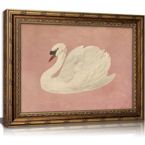 Vintage Gold Framed Wall Art Retro White Swan Cottagecore Canvas Print Neutral Moody Bird Painting Picture Rustic Farmhouse Pink Antique Swan Poster Artwork for Living Room Bedroom